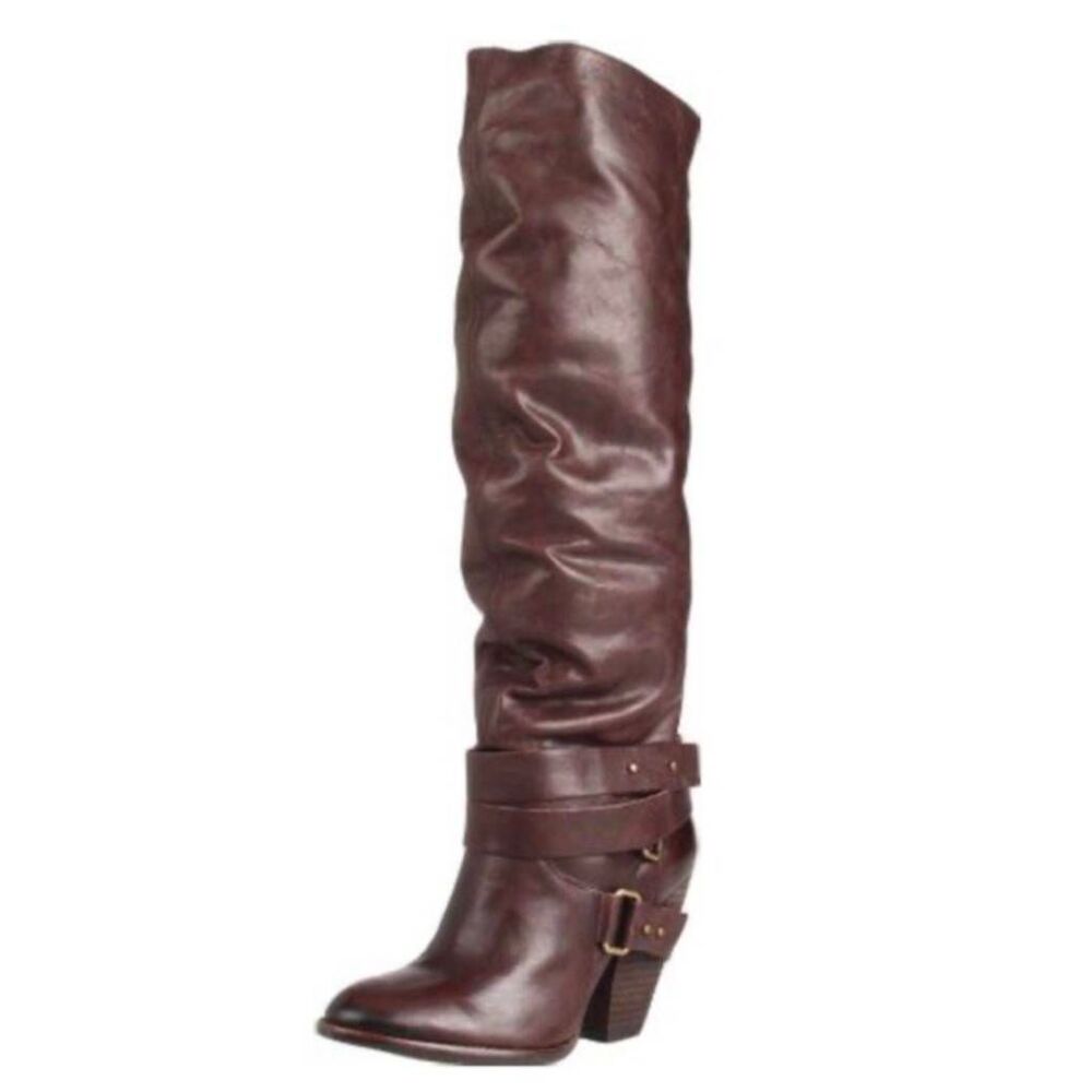 Fergie Varsity Chocolate Brown leather strappy slouchy knee high boots womens 8